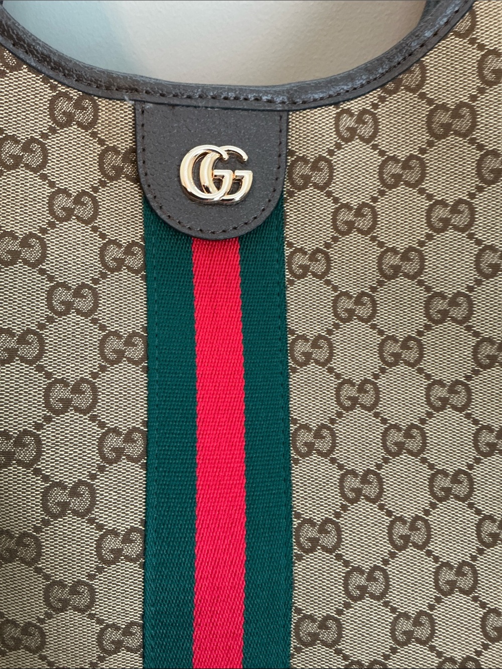 Fashion Beige GG Canvas Tote with Green and Red Web Stripe - Picture 7 of 10